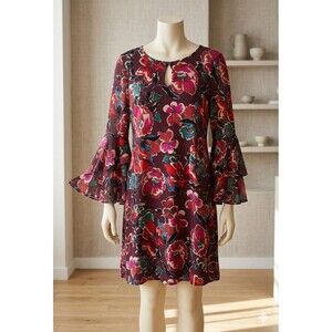 Roz & Ali Womens Floral Midi Shift Dress Size XL Maroon Boho Casual Bell Sleeves
